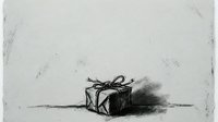 Wrapped gift box with bow rendered in charcoal sketch style on white background, isolated for design use on greeting cards, invitations, and holiday marketing materials.