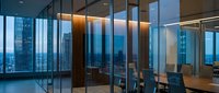 Modern corporate office interior with glass walls and city skyline view at dusk. Contemporary business meeting room with sleek furniture for professional presentations.