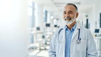 Confident mature male doctor with gray beard and stethoscope smiling in modern hospital corridor. Professional healthcare physician in white coat.