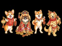 Cute dogs in traditional Chinese New Year attire isolated on transparent background, ready for t-shirts, stickers, clipart, print-on-demand and sublimation designs.
