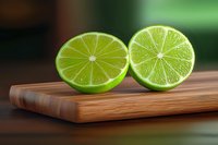 Fresh lime halves on wooden cutting board showing juicy citrus fruit texture and segments in close up view against blurred background.