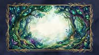 Enchanted forest frame with lush green foliage and magical lighting creating mystical woodland border for fantasy storytelling and nature designs.