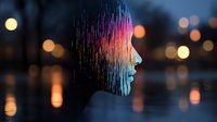 Artistic double exposure profile silhouette blending with glitch effect and city lights bokeh background creating dreamy atmospheric mood at dusk.