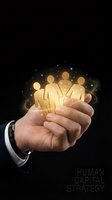 Businessman's hand holding glowing human figures with sparkling light effects against dark background, symbolizing team building, human resources, and workforce management strategy.