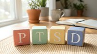 Colorful wooden blocks spelling PTSD arranged on desk with potted plants, notebook and natural light from window, representing mental health awareness and post-traumatic stress disorder education.
