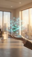 Businessman holding glowing digital network globe with connected nodes and orbital rings in modern office with city skyline view, representing global connectivity and technology innovation.