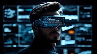 Young Caucasian man wearing futuristic virtual reality headset with glowing blue interface against dark background with digital displays and data visualization.