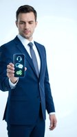 Professional businessman in navy suit holding smartphone with customer service icons displaying headset, chat and settings symbols for tech support.