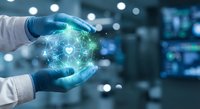Healthcare professional hands holding glowing digital heart with medical icons in modern hospital laboratory for telemedicine and digital health innovation.