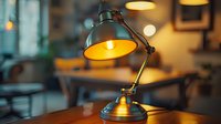 Vintage style desk lamp with warm glowing light on wooden table in cozy home office interior. Adjustable metal reading lamp creates atmospheric evening ambiance.