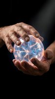 Elderly hands holding glowing plasma ball with electric lightning effects on dark background for fortune telling and mystical concepts.