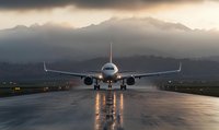 Commercial airplane on wet runway preparing for takeoff at dusk, with dramatic mountain silhouettes and moody clouds in background.