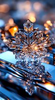 Macro shot of natural ice crystal snowflake with intricate geometric patterns reflecting warm light against blue winter background with bokeh effect.