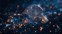 Glowing digital key silhouette with streaming data particles and bokeh lights on dark background represents cybersecurity and digital access concept.