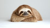 Adorable brown sloth with gentle smile resting arms on white surface against neutral background, perfect for wildlife and nature projects.