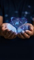 Hands holding glowing digital security shield with orbital rings and lock symbol representing cybersecurity protection and data safety technology.