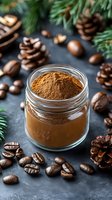 Glass jar filled with ground coffee powder surrounded by roasted coffee beans, pine cones and evergreen branches on dark slate surface for holiday beverages.