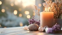 Glowing candle with zen stones, amethyst crystals and dried flowers on wooden surface against soft bokeh background creates peaceful spa atmosphere.