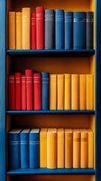 Colorful hardcover books arranged on wooden shelves in blue, red, and yellow pattern. Clean spines create organized library display for education and literature concepts.