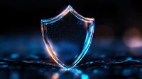 Glowing shield symbol with neon blue and orange light effects on dark background, representing digital security and protection concept for cybersecurity designs.