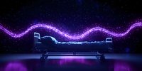 Empty hospital bed illuminated by glowing purple wave of light floating above in dark room with magical sparkle effect and neon reflection on floor.