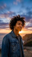 Young mixed-race man with curly hair smiling peacefully at golden hour sunset, wearing denim jacket against dramatic colorful sky and ocean backdrop.