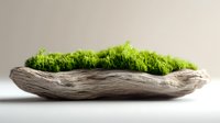 Natural driftwood piece with vibrant green moss growing on surface, organic botanical decoration for eco-friendly interior design and nature-inspired decor.