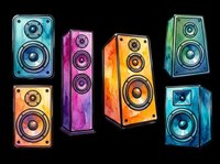 Colorful watercolor music speakers set, isolated on transparent background. Great for stickers, t-shirt design, clipart, print on demand, and sublimation projects.