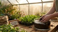 Gardener tending seedlings in greenhouse with natural light, hands planting young green plants in pots on wooden table for indoor growing and cultivation.