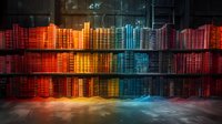 Colorful illuminated bookshelf with rainbow gradient lighting effect creating magical atmosphere in dark library interior, perfect for education and knowledge concepts.