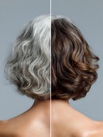 Split comparison showing woman's hair transformation from gray to brown highlighting aging reversal and hair coloring treatment results.