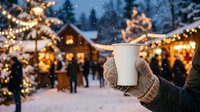 Hands in knit gloves holding warm beverage cup at festive winter market with illuminated decorations, snow, and holiday crowd in background.