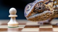 White chess pawn faces close-up view of gecko head on wooden chessboard, creating dramatic contrast between natural and game elements in macro photography.
