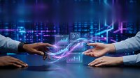 Business professionals collaborating with holographic data visualization and financial charts in futuristic digital workspace for analytics and strategy.