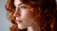 Side profile portrait of young woman with natural ginger curly hair and flawless skin against light background, soft beauty lighting creates gentle mood.