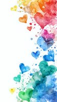 Colorful watercolor hearts in rainbow gradient from yellow to red, pink, blue and green with splatter effect on white background.
