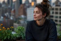 Young woman with brown hair and fair complexion sitting on urban rooftop garden with potted flowers, city skyline in background, wearing dark casual sweater, contemplative expression, lifestyle and wellness concept.