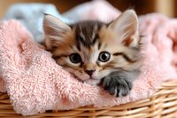 Adorable tabby kitten with fluffy fur resting on soft pink towel in wicker basket, looking at camera with bright eyes and sweet expression. Perfect for pet care themes.