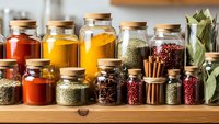 Colorful spice jars with cork lids arranged on wooden shelf containing turmeric, paprika, peppercorns, herbs and aromatic seasonings for cooking.