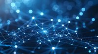 Glowing blue network connections with bokeh light effects on dark background, representing digital technology, artificial intelligence and data transfer.