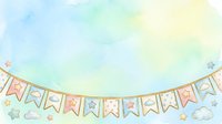 Pastel watercolor bunting banner with stars and clouds hanging against soft blue, green and yellow gradient background for nursery, baby shower and children's party decoration.
