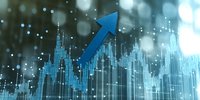 Financial market growth chart with upward blue arrow and glowing candlestick patterns on dark background with bokeh lights, showing positive trading trend analysis.