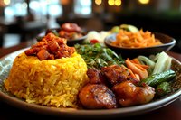 Korean style chicken with yellow saffron rice served with kimchi, pickled vegetables and steamed greens on dark plate, selective focus on main dish.