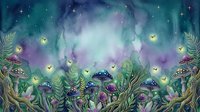 Enchanted forest scene with glowing mushrooms, ferns, and magical lights floating in a mystical night sky with purple and teal watercolor atmosphere.