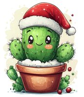Cute kawaii cactus character wearing red Santa hat in terracotta pot with snow, surrounded by small cacti and red berries, watercolor style illustration.