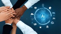 Business team hands stacked together with AI artificial intelligence brain circuit technology icons for teamwork collaboration and innovation.