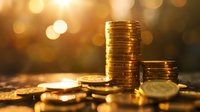 Stacked golden coins on dark background with warm bokeh lights, symbolizing wealth, financial growth and investment success. Macro photography with selective focus.