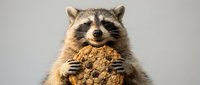 Adorable raccoon holding chocolate chip cookies with both paws against neutral background, perfect for food advertising and wildlife humor concepts.