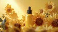 Yellow dropper bottle surrounded by blooming sunflowers in warm golden sunlight, natural cosmetic product photography for beauty and wellness marketing.