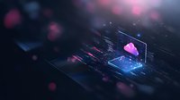 Futuristic cloud computing technology with pink cloud icon and digital data streams on dark background with bokeh effect.